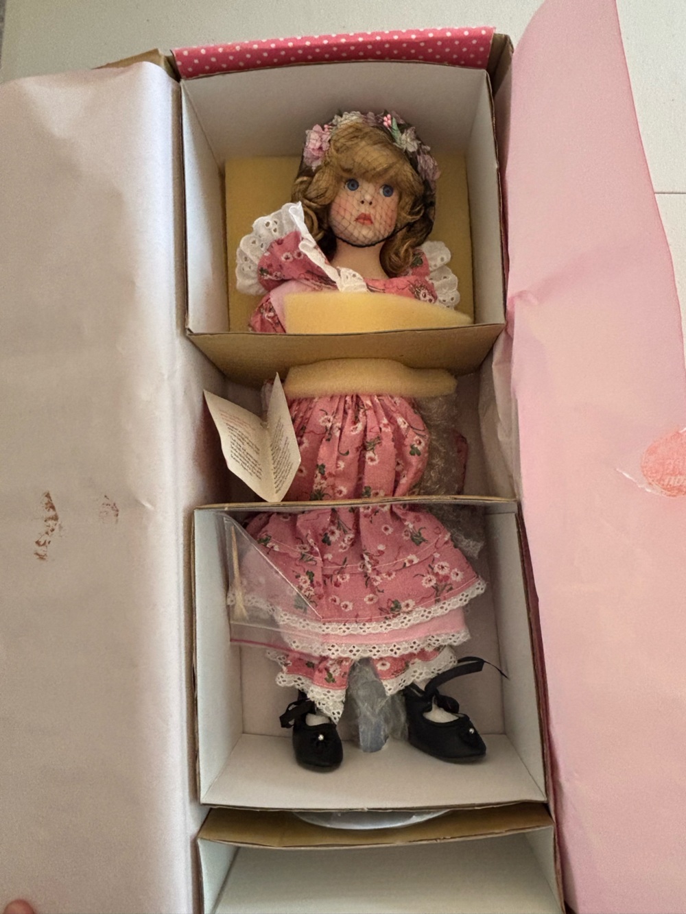 Premier Pink Floral Porcelain Doll with Lace Trim “Amy”